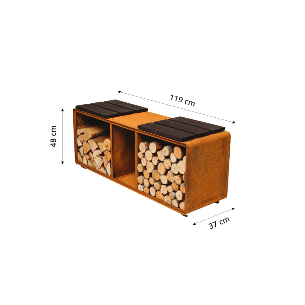 GrillSymbol Cortenstål vedförvaring Enzo Rack-L (storlek 119 x 43 x 37 cm)
