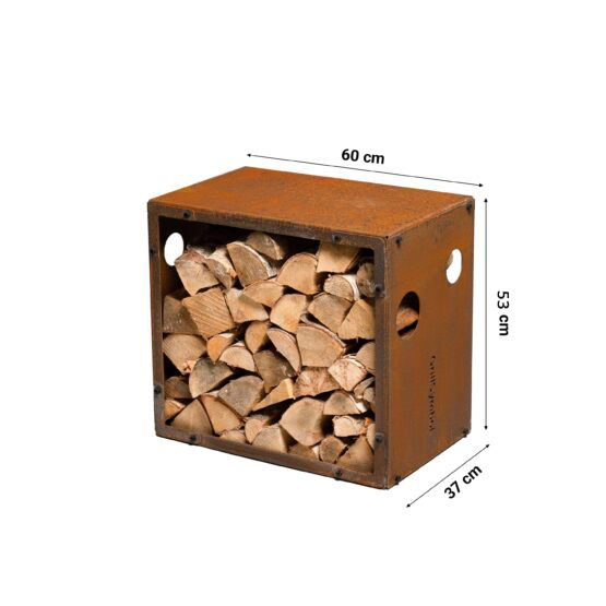 GrillSymbol Cortenstål vedförvaring WoodStock storlek S (storlek: 60 x 37 x 53 cm)